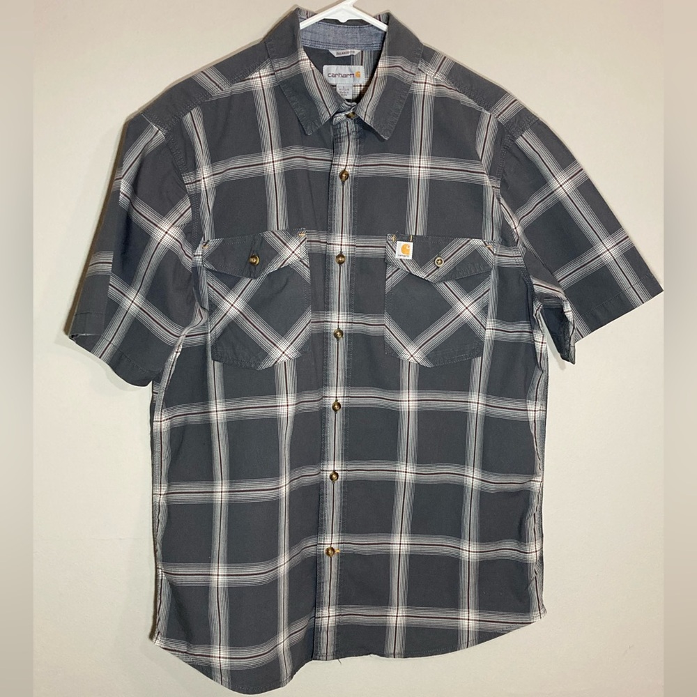 Carhartt Charcoal Checkered Plaid Men's Short Sleeve Shirt Sz L